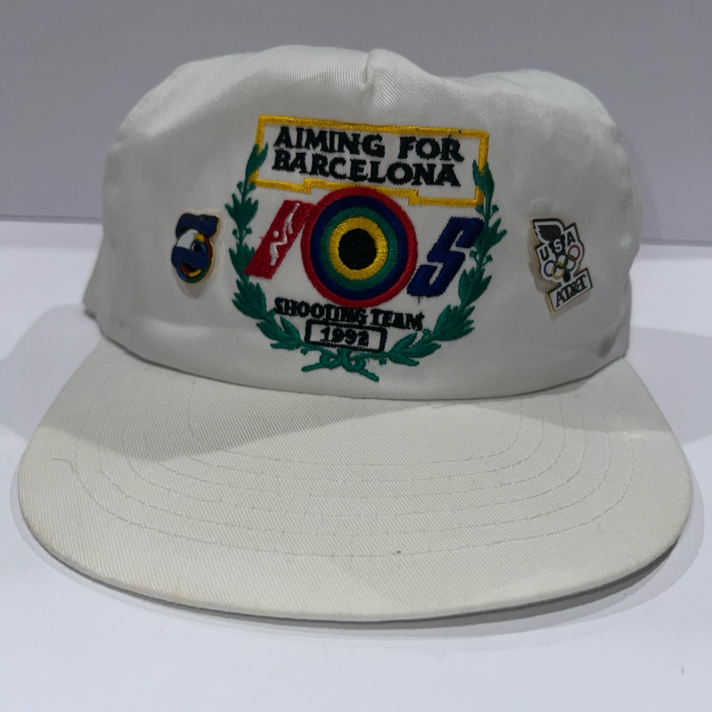 Vintage White Trucker Hat Aiming For Barcelona Shooting Team 1992 2 Pins Vintage White Trucker Hat Aiming For Barcelona Shooting Team 1992 2 Pins